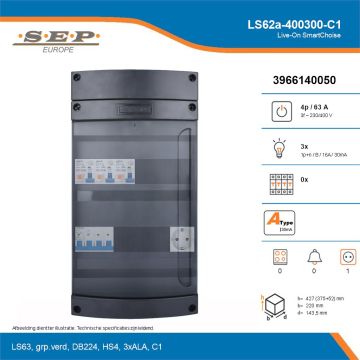 SEP Live-On SmartChoise, LS62a-400300-C1, 63A, 3-fase groepenkast, 3-lichtgroepen,  1V-contactdoos, technische details