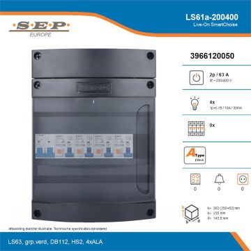 SEP Live-On SmartChoise, LS61a-200400, 63A, 3-fase groepenkast, 4-lichtgroepen, technische details