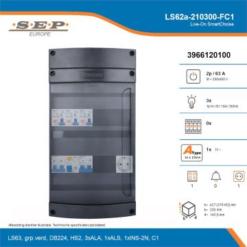 SEP Live-On SmartChoise, LS62a-210300-FC1, 63A, 3-fase groepenkast, 3-lichtgroepen, 1-fornuisgroep,  1V-contactdoos, technische details