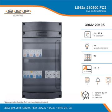 SEP Live-On SmartChoise, LS62a-210300-FC2, 63A, 3-fase groepenkast, 3-lichtgroepen, 1-fornuisgroep,  2V-contactdoos, technische details
