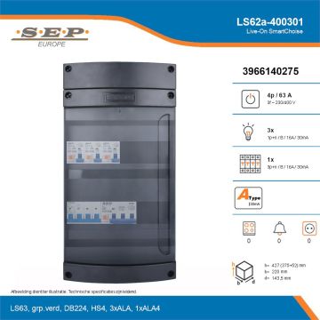 SEP Live-On SmartChoise, LS62a-400301, 63A, 3-fase groepenkast, 3-lichtgroepen, 1-krachtgroepen, technische details