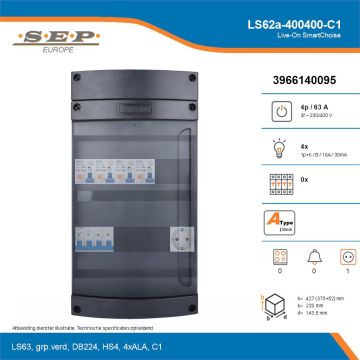 SEP Live-On SmartChoise, LS62a-400400-C1, 63A, 3-fase groepenkast, 4-lichtgroepen,  1V-contactdoos, technische details