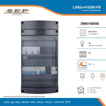 SEP Live-On SmartChoise, LS62a-410300-FB, 63A, 3-fase groepenkast, 3-lichtgroepen, 1-fornuisgroep, 1-beltrafo, technische details