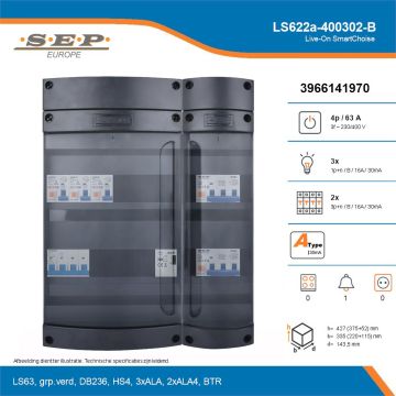 SEP Live-On SmartChoise, LS622a-400302-B, 63A, 3-fase groepenkast, 3-lichtgroepen, 2-krachtgroepen, 1-beltrafo, technische details
