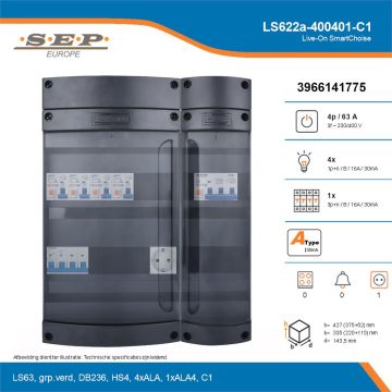 SEP Live-On SmartChoise, LS622a-400401-C1, 63A, 3-fase groepenkast, 4-lichtgroepen, 1-krachtgroepen,  1V-contactdoos, technische details