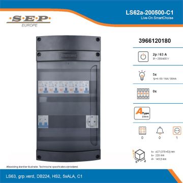 SEP Live-On SmartChoise, LS62a-200500-C1, 63A, 3-fase groepenkast, 5-lichtgroepen,  1V-contactdoos, technische details