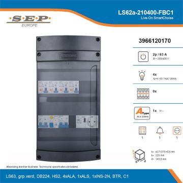 SEP Live-On SmartChoise, LS62a-210400-FBC1, 63A, 3-fase groepenkast, 4-lichtgroepen, 1-fornuisgroep, 1-beltrafo,  1V-contactdoos, technische details