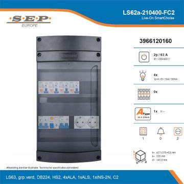 SEP Live-On SmartChoise, LS62a-210400-FC2, 63A, 3-fase groepenkast, 4-lichtgroepen, 1-fornuisgroep,  2V-contactdoos, technische details