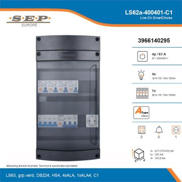SEP Live-On SmartChoise, LS62a-400401-C1, 63A, 3-fase groepenkast, 4-lichtgroepen, 1-krachtgroepen,  1V-contactdoos, technische details