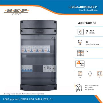 SEP Live-On SmartChoise, LS62a-400500-BC1, 63A, 3-fase groepenkast, 5-lichtgroepen, 1-beltrafo,  1V-contactdoos, technische details