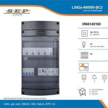 SEP Live-On SmartChoise, LS62a-400500-BC2, 63A, 3-fase groepenkast, 5-lichtgroepen, 1-beltrafo,  2V-contactdoos, technische details