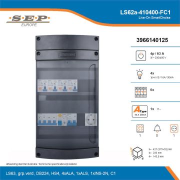 SEP Live-On SmartChoise, LS62a-410400-FC1, 63A, 3-fase groepenkast, 4-lichtgroepen, 1-fornuisgroep,  1V-contactdoos, technische details