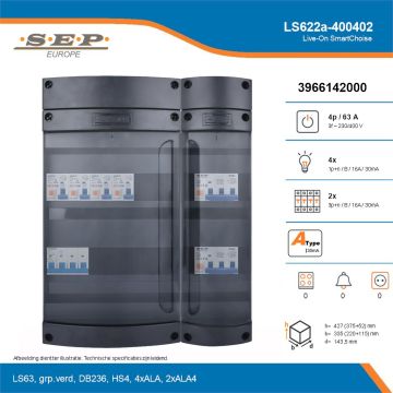 SEP Live-On SmartChoise, LS622a-400402, 63A, 3-fase groepenkast, 4-lichtgroepen, 2-krachtgroepen, technische details