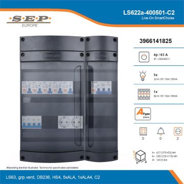 SEP Live-On SmartChoise, LS622a-400501-C2, 63A, 3-fase groepenkast, 5-lichtgroepen, 1-krachtgroepen,  2V-contactdoos, technische details