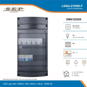 SEP Live-On SmartChoise, LS62a-210500-F, 63A, 3-fase groepenkast, 5-lichtgroepen, 1-fornuisgroep, technische details