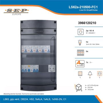 SEP Live-On SmartChoise, LS62a-210500-FC1, 63A, 3-fase groepenkast, 5-lichtgroepen, 1-fornuisgroep,  1V-contactdoos, technische details