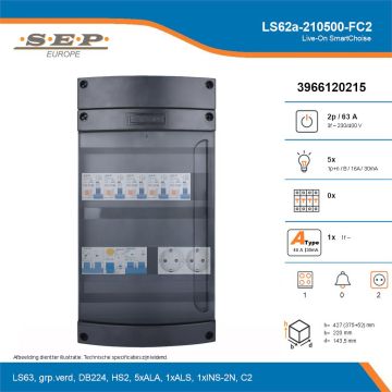 SEP Live-On SmartChoise, LS62a-210500-FC2, 63A, 3-fase groepenkast, 5-lichtgroepen, 1-fornuisgroep,  2V-contactdoos, technische details