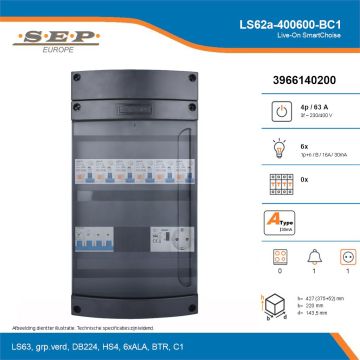 SEP Live-On SmartChoise, LS62a-400600-BC1, 63A, 3-fase groepenkast, 6-lichtgroepen, 1-beltrafo,  1V-contactdoos, technische details