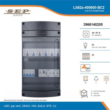 SEP Live-On SmartChoise, LS62a-400600-BC2, 63A, 3-fase groepenkast, 6-lichtgroepen, 1-beltrafo,  2V-contactdoos, technische details