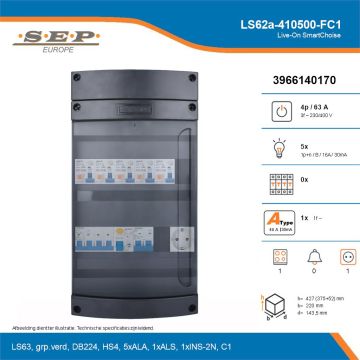 SEP Live-On SmartChoise, LS62a-410500-FC1, 63A, 3-fase groepenkast, 5-lichtgroepen, 1-fornuisgroep,  1V-contactdoos, technische details