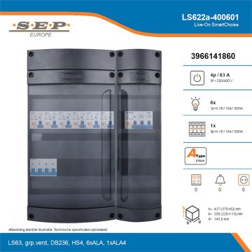 SEP Live-On SmartChoise, LS622a-400601, 63A, 3-fase groepenkast, 6-lichtgroepen, 1-krachtgroepen, technische details