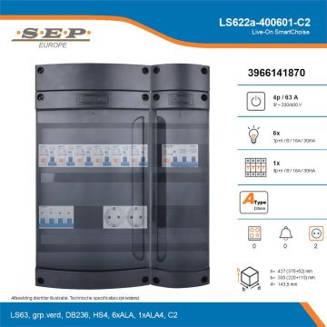 SEP Live-On SmartChoise, LS622a-400601-C2, 63A, 3-fase groepenkast, 6-lichtgroepen, 1-krachtgroepen,  2V-contactdoos, technische details
