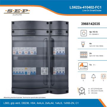 SEP Live-On SmartChoise, LS622a-410402-FC1, 63A, 3-fase groepenkast, 4-lichtgroepen, 2-krachtgroepen, 1-fornuisgroep,  1V-contactdoos, technische details