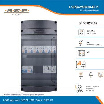 SEP Live-On SmartChoise, LS62a-200700-BC1, 63A, 3-fase groepenkast, 7-lichtgroepen, 1-beltrafo,  1V-contactdoos, technische details