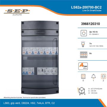 SEP Live-On SmartChoise, LS62a-200700-BC2, 63A, 3-fase groepenkast, 7-lichtgroepen, 1-beltrafo,  2V-contactdoos, technische details