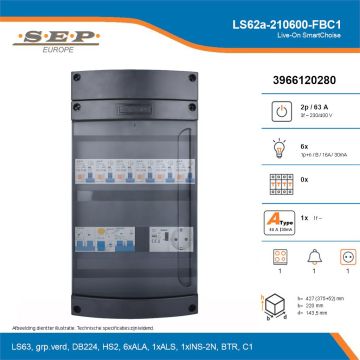 SEP Live-On SmartChoise, LS62a-210600-FBC1, 63A, 3-fase groepenkast, 6-lichtgroepen, 1-fornuisgroep, 1-beltrafo,  1V-contactdoos, technische details