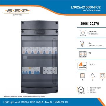 SEP Live-On SmartChoise, LS62a-210600-FC2, 63A, 3-fase groepenkast, 6-lichtgroepen, 1-fornuisgroep,  2V-contactdoos, technische details
