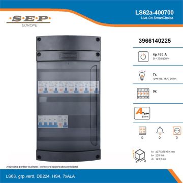 SEP Live-On SmartChoise, LS62a-400700, 63A, 3-fase groepenkast, 7-lichtgroepen, technische details