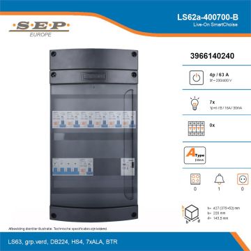 SEP Live-On SmartChoise, LS62a-400700-B, 63A, 3-fase groepenkast, 7-lichtgroepen, 1-beltrafo, technische details