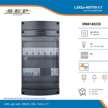 SEP Live-On SmartChoise, LS62a-400700-C1, 63A, 3-fase groepenkast, 7-lichtgroepen,  1V-contactdoos, technische details