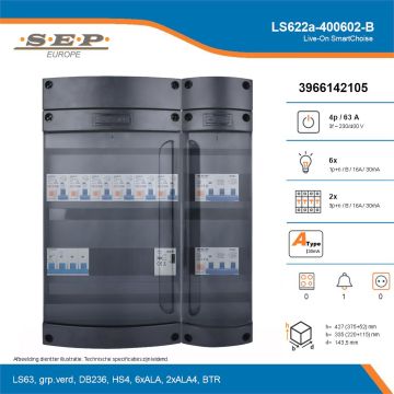 SEP Live-On SmartChoise, LS622a-400602-B, 63A, 3-fase groepenkast, 6-lichtgroepen, 2-krachtgroepen, 1-beltrafo, technische details