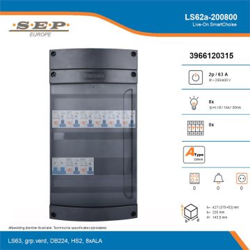 SEP Live-On SmartChoise, LS62a-200800, 63A, 3-fase groepenkast, 8-lichtgroepen, technische details