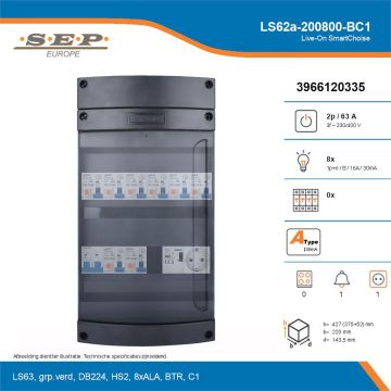 SEP Live-On SmartChoise, LS62a-200800-BC1, 63A, 3-fase groepenkast, 8-lichtgroepen, 1-beltrafo,  1V-contactdoos, technische details