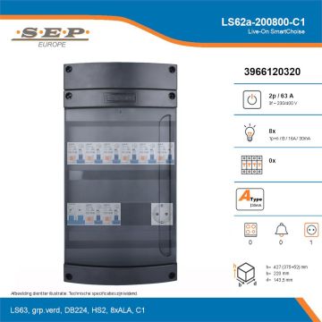 SEP Live-On SmartChoise, LS62a-200800-C1, 63A, 3-fase groepenkast, 8-lichtgroepen,  1V-contactdoos, technische details