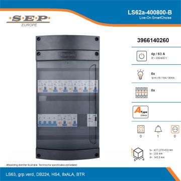 SEP Live-On SmartChoise, LS62a-400800-B, 63A, 3-fase groepenkast, 8-lichtgroepen, 1-beltrafo, technische details