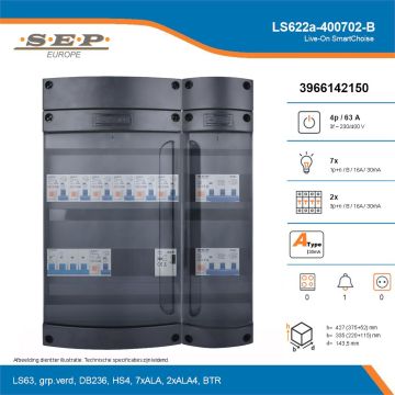 SEP Live-On SmartChoise, LS622a-400702-B, 63A, 3-fase groepenkast, 7-lichtgroepen, 2-krachtgroepen, 1-beltrafo, technische details