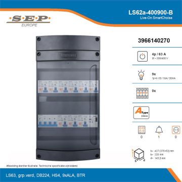 SEP Live-On SmartChoise, LS62a-400900-B, 63A, 3-fase groepenkast, 9-lichtgroepen, 1-beltrafo, technische details