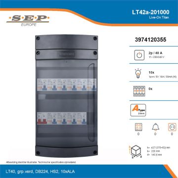 SEP Live-On Titan, LT42a-201000, 40A, 1-fase groepenkast, 10-lichtgroepen, technische details