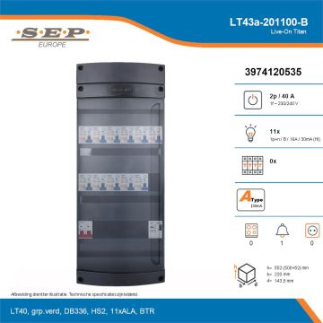 SEP Live-On Titan, LT43a-201100-B, 40A, 1-fase groepenkast, 11-lichtgroepen, 1-beltrafo, technische details