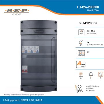 SEP Live-On Titan, LT42a-200300, 40A, 1-fase groepenkast, 3-lichtgroepen, technische details