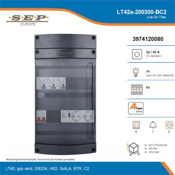 SEP Live-On Titan, LT42a-200300-BC2, 40A, 1-fase groepenkast, 3-lichtgroepen, 1-beltrafo,  2V-contactdoos, technische details
