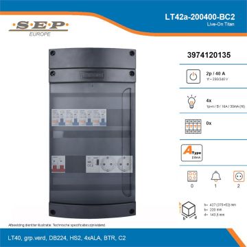 SEP Live-On Titan, LT42a-200400-BC2, 40A, 1-fase groepenkast, 4-lichtgroepen, 1-beltrafo,  2V-contactdoos, technische details