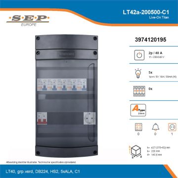 SEP Live-On Titan, LT42a-200500-C1, 40A, 1-fase groepenkast, 5-lichtgroepen,  1V-contactdoos, technische details