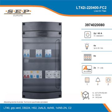 SEP Live-On Titan, LT42i-220400-FC2, 40A, 1-fase groepenkast, 4-lichtgroepen, 1-fornuisgroep,  2V-contactdoos, technische details