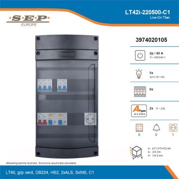 SEP Live-On Titan, LT42i-220500-C1, 40A, 1-fase groepenkast, 5-lichtgroepen,  1V-contactdoos, technische details