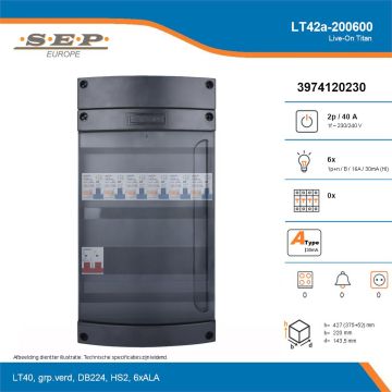 SEP Live-On Titan, LT42a-200600, 40A, 1-fase groepenkast, 6-lichtgroepen, technische details